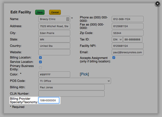 Use BreezyNotes EHR mental health practice management software to add taxonomy codes to ERA's in one step