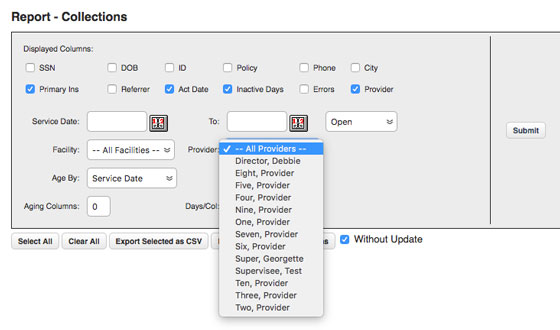 Use the provider drop-down to use our simple and easy collections report in BreezyNotes EHR for therapists